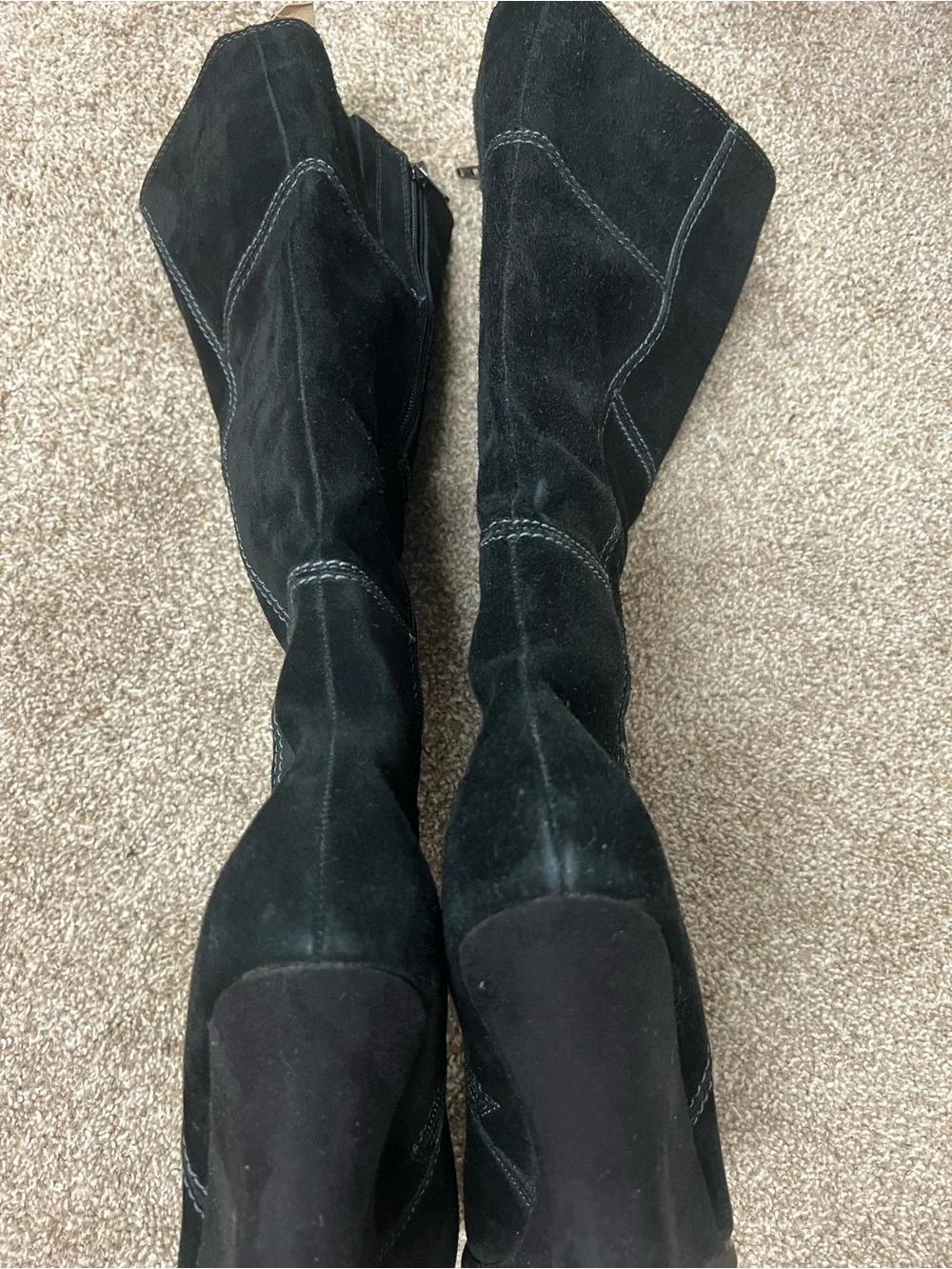 Genuine Stylish black suede knee boots with a comfortable wedge heel.